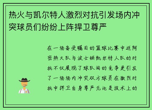 热火与凯尔特人激烈对抗引发场内冲突球员们纷纷上阵捍卫尊严